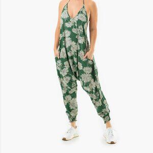 Flower Harem Jumpsuit Cotton Halter Neck Tapered Leg Pockets Green Dandelion